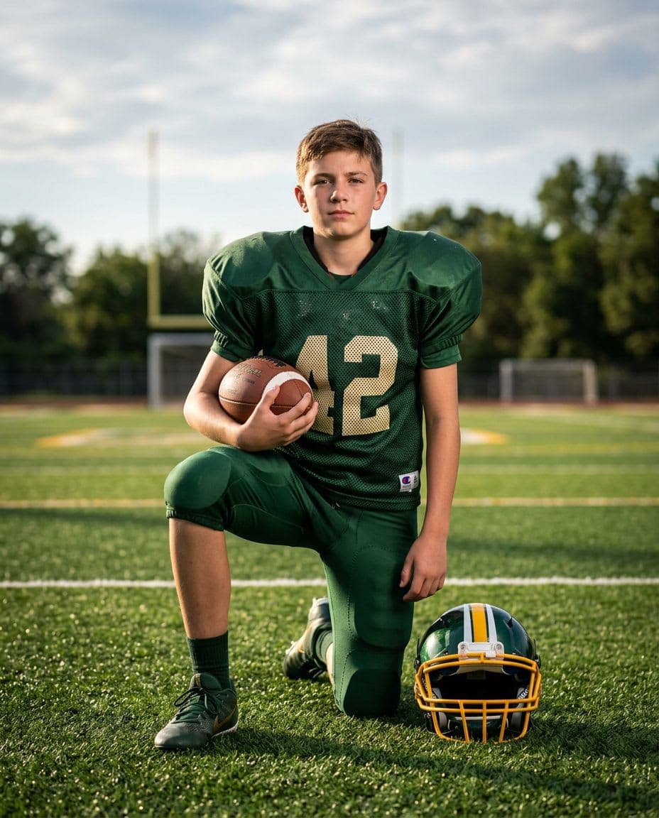 AI-enhanced sports portrait — American Football One-Knee Rest